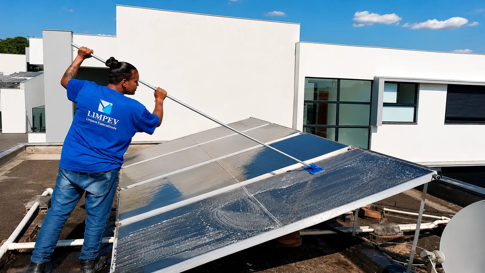 Equipe Limpev realizando limpeza profissional de painéis solares